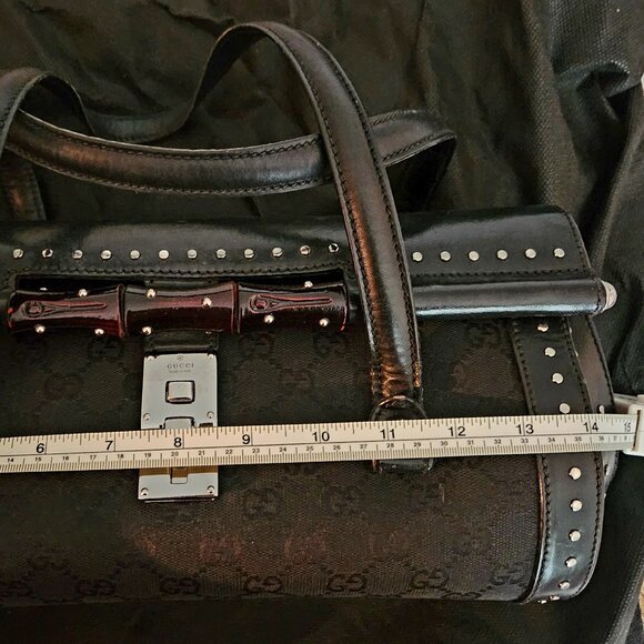 Authentic Gucci Monogram Bullet Satchel Handbag with Bamboo Accent & Dust Bag - Picture 13 of 16